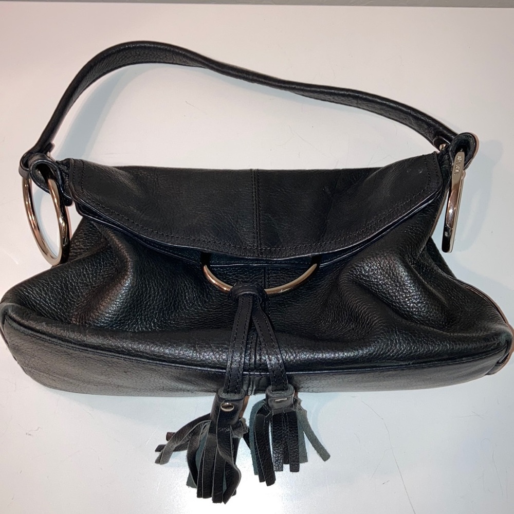 Alfani Black Leather magnetic close and flap over shoulder bag fringe and silver - Picture 11 of 15